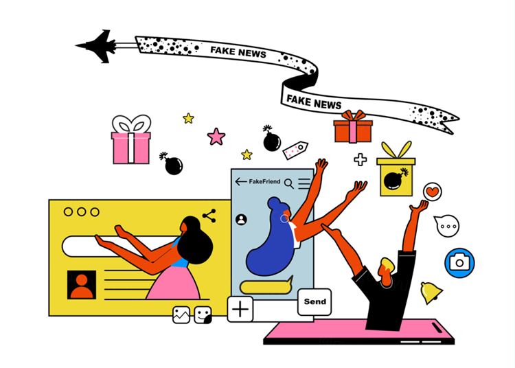 抵制散步谣言假新闻社会问题恶意评论舆论宣传插画素材 Fake News Stop!!!