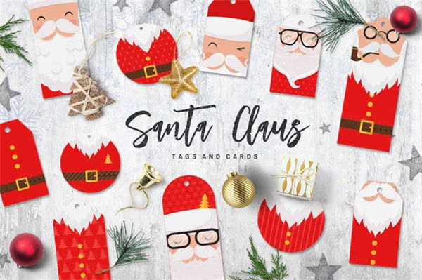 圣诞老人礼物标签卡贺卡矢量模版素材合辑 Santa Claus tags and cards