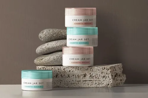 一套psd奶油壶样机 Cosmetic Psd Cream Pot Mockup Set