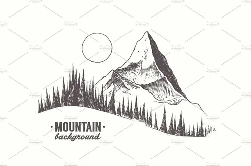 手绘山峰矢量插图Mountain with a fir forest and moon