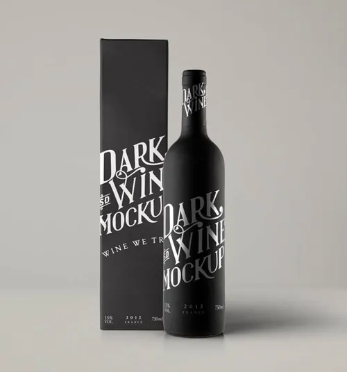 带有纸板盒的psd红酒磨砂黑瓶样机 Psd Red Wine Dark Bottle Mockup