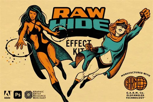 低保真复古漫画书丝网印刷效果纸张纹理PS工具包 Raw Hide -