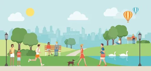 卡通美丽城市公园自然景观放松矢量插图设计素材People relaxing in nature