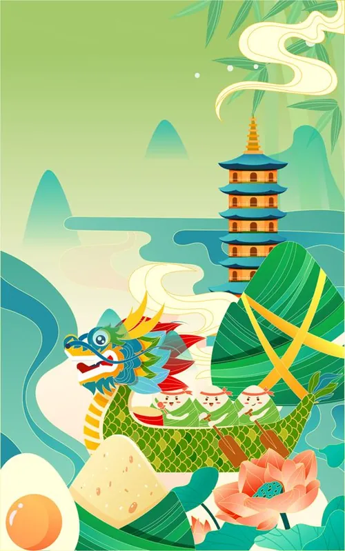 端午节河流中赛龙舟比赛古塔莲花粽子场景EPS矢量插画素材