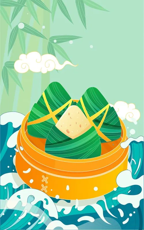 端午节河流中赛龙舟比赛粽子场景EPS矢量插画素材