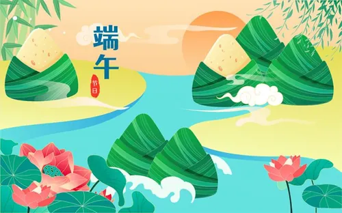 端午节河流中赛龙舟比赛粽子山峰莲花场景EPS矢量插画素材