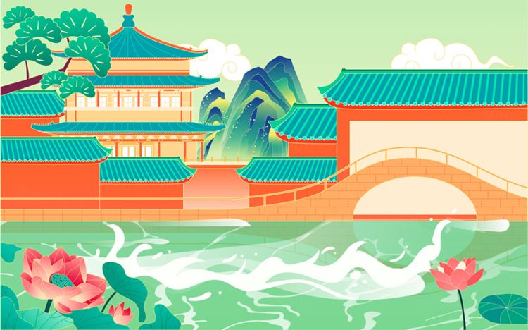 端午节河流中赛龙舟比赛粽子古城山峰莲花场景EPS矢量插画素材