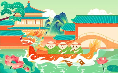 端午节河流中赛龙舟比赛粽子古城山峰莲花场景EPS矢量插画素材