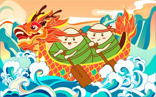 端午节河流中赛龙舟比赛粽子浪花山峰场景EPS矢量插画素材