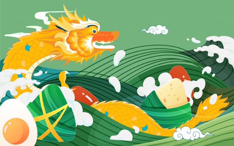 端午节龙和粽子祥云浪花场景EPS矢量插画素材