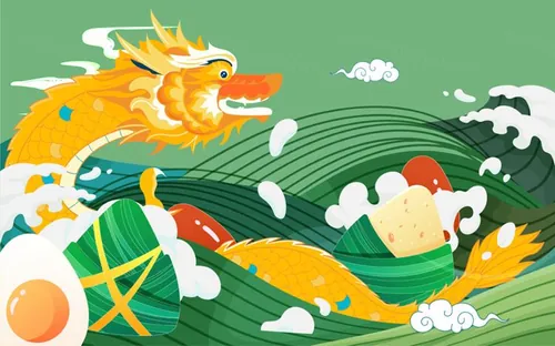 端午节龙和粽子祥云浪花场景EPS矢量插画素材