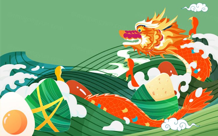 端午节龙和粽子祥云浪花场景EPS矢量插画素材