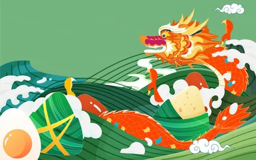 端午节龙和粽子祥云浪花场景EPS矢量插画素材