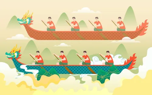 端午节河流中赛龙舟比赛场景EPS矢量插画素材