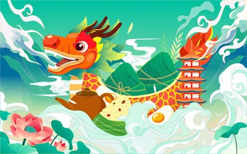 端午节龙舟粽子祥云浪花古塔莲花场景EPS矢量插画素材