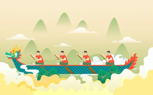 端午节河流中赛龙舟比赛场景EPS矢量插画素材