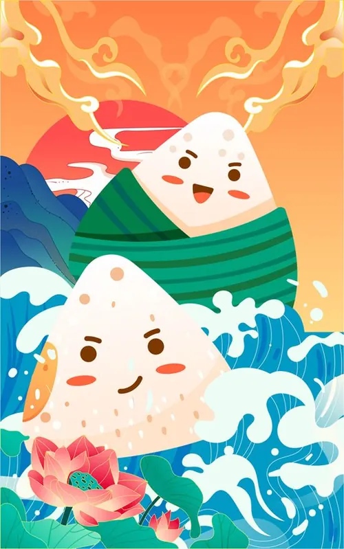 端午节卡通粽子祥云浪花山峰莲花场景EPS矢量插画素材
