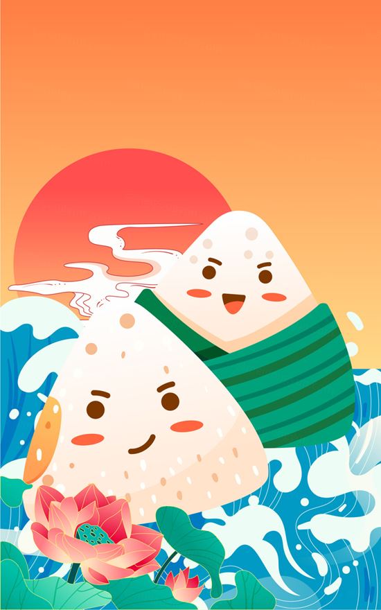 端午节卡通粽子祥云浪花莲花场景EPS矢量插画素材