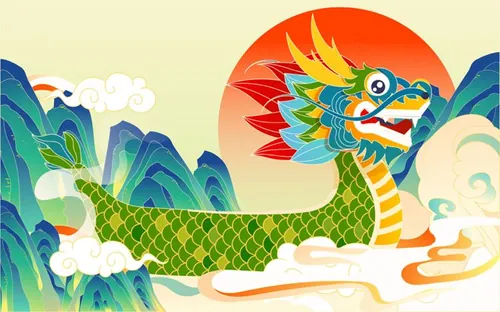 端午节卡通龙舟祥云浪花场景EPS矢量插画素材