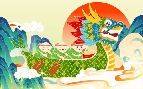 端午节卡通粽子龙舟祥云浪花场景EPS矢量插画素材