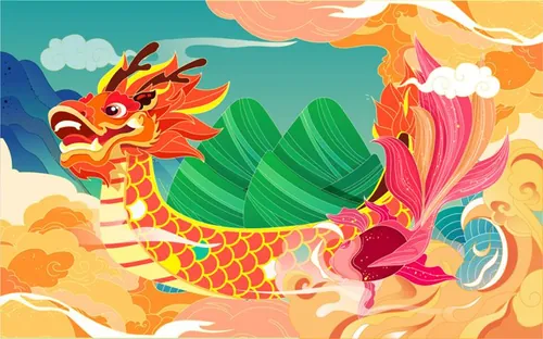 端午节划龙舟祥云金鱼浪花场景EPS矢量插画素材