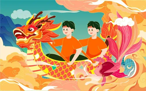 端午节划龙舟祥云金鱼浪花场景EPS矢量插画素材