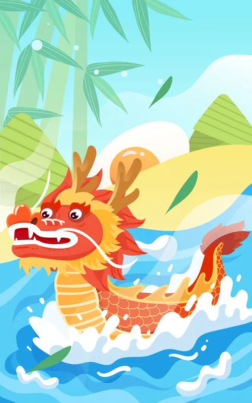 端午节卡通龙舟河流浪花场景EPS矢量插画素材