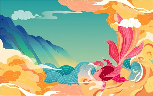 端午节划龙舟祥云金鱼浪花场景EPS矢量插画素材