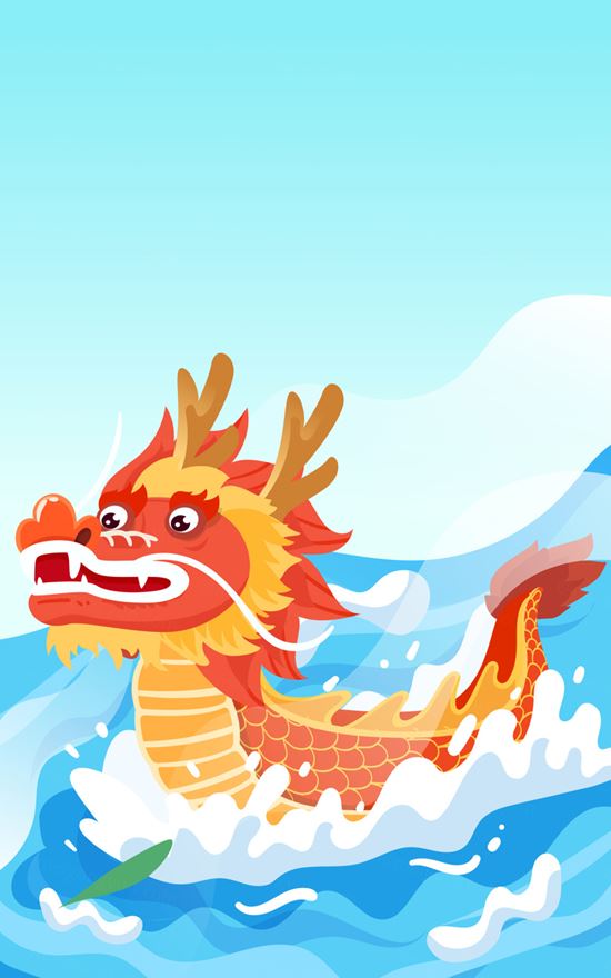 端午节卡通龙舟河流浪花场景EPS矢量插画素材