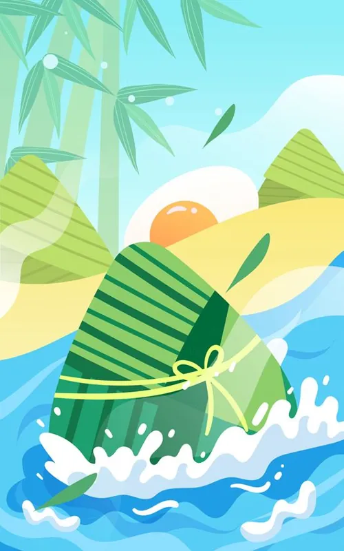 端午节卡通粽子浪花场景EPS矢量插画素材