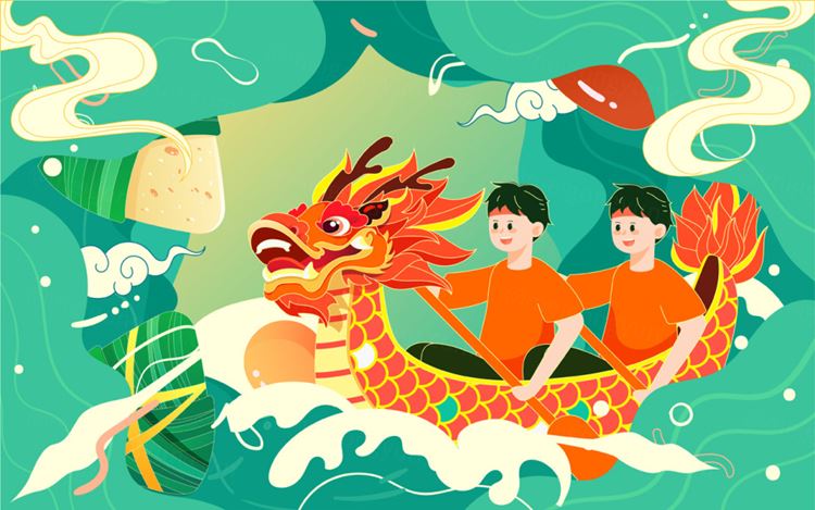 端午节划龙舟粽子河流浪花场景EPS矢量插画素材