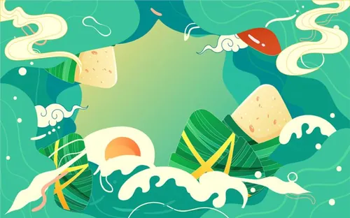 端午节粽子河流浪花场景EPS矢量插画素材