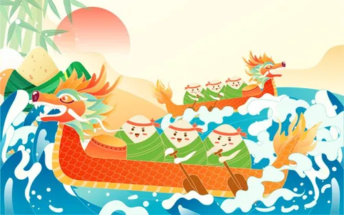 端午节卡通龙舟粽子河流浪花场景EPS矢量插画素材