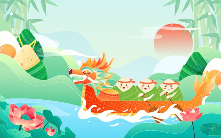 端午节卡通龙舟粽子河流浪花场景EPS矢量插画素材