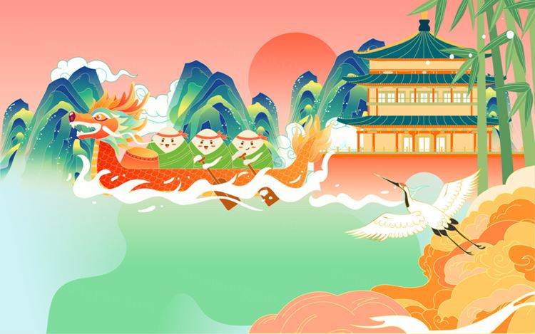 端午节卡通龙舟粽子河流古城建筑仙鹤场景EPS矢量插画素材