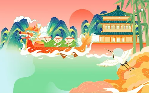 端午节卡通龙舟粽子河流古城建筑仙鹤场景EPS矢量插画素材