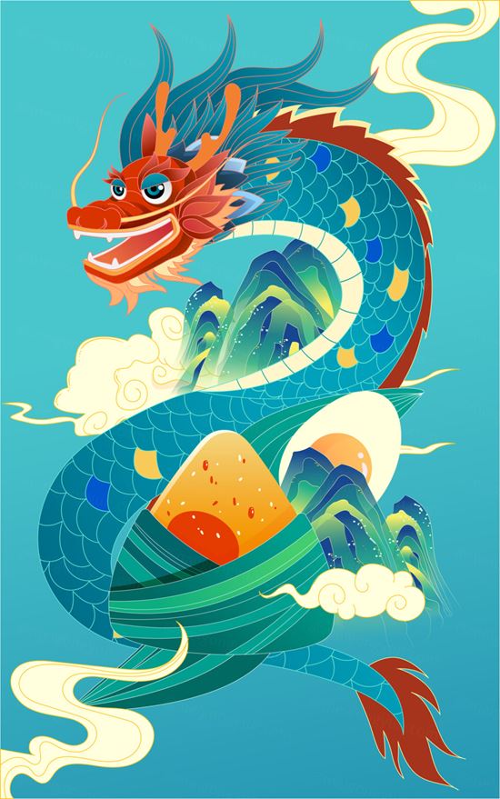 端午节龙粽子山峰祥云场景EPS矢量插画素材