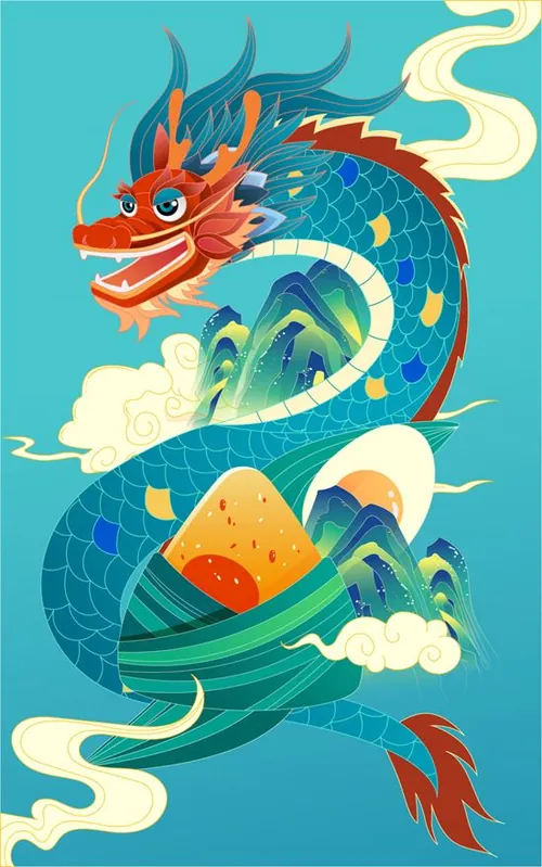 端午节龙粽子山峰祥云场景EPS矢量插画素材