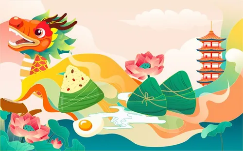 端午节龙舟粽子荷花古塔建筑莲花场景EPS矢量插画素材