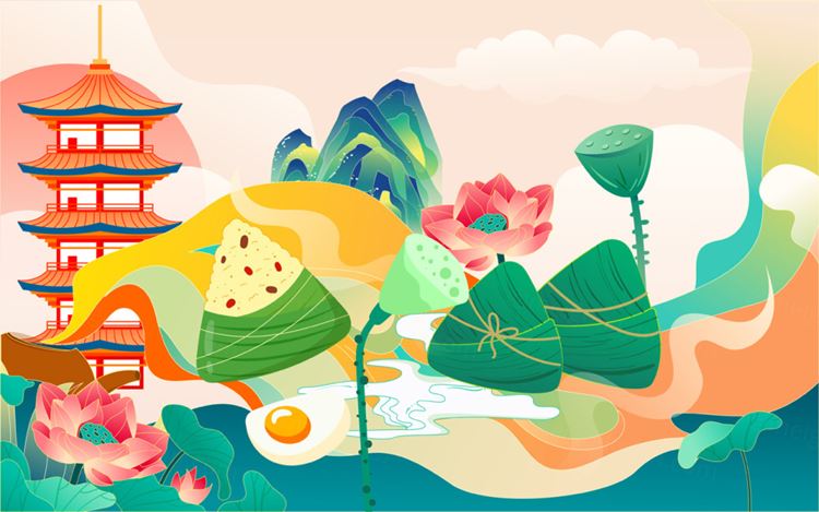 端午节粽子荷花古塔建筑莲花场景EPS矢量插画素材