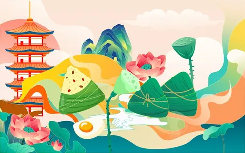 端午节粽子荷花古塔建筑莲花场景EPS矢量插画素材