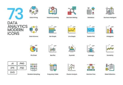 现代大数据分析图表数据挖掘统计矢量彩色图标集Modern Data Analyt