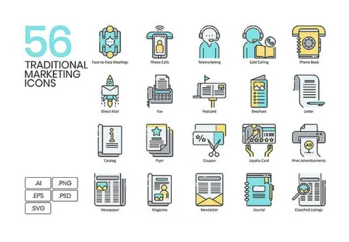 56个彩色传统营销印刷广告矢量图标集Traditional Marketing