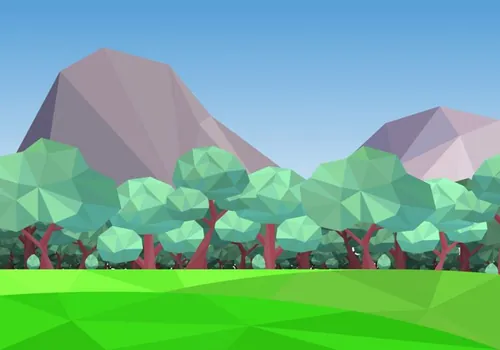 低多边形森林矢量插图Low Poly Forest With Mountain Background Vector Illustration