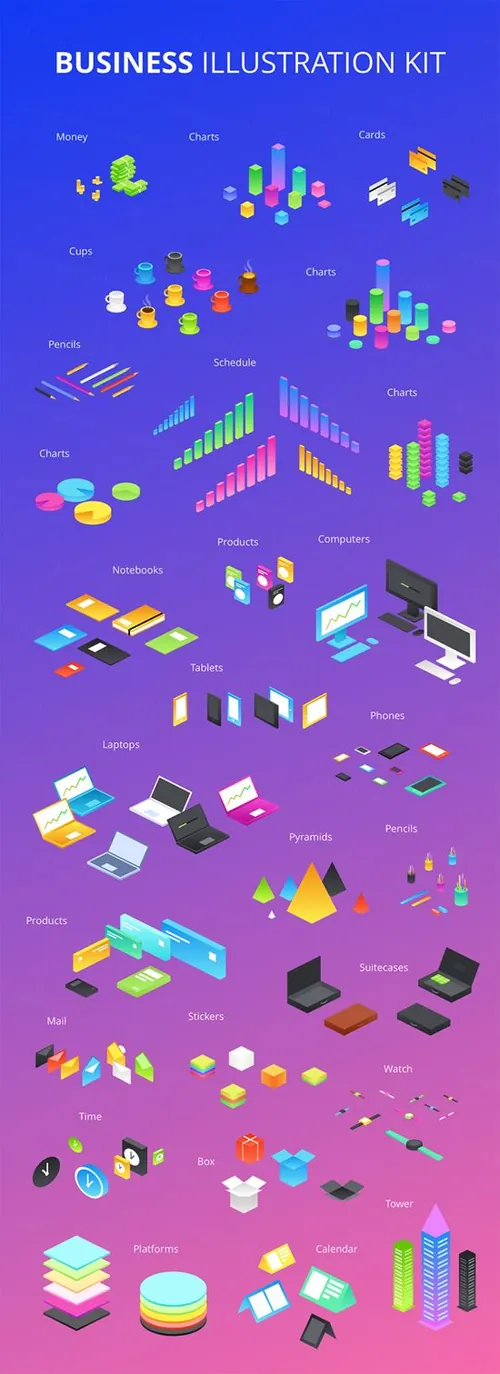 商业数据图表办公用品电脑插图矢量设计素材Business Illustration kit