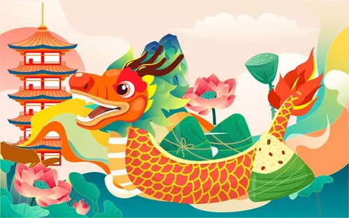 端午节龙舟粽子荷花古塔建筑莲花场景EPS矢量插画素材