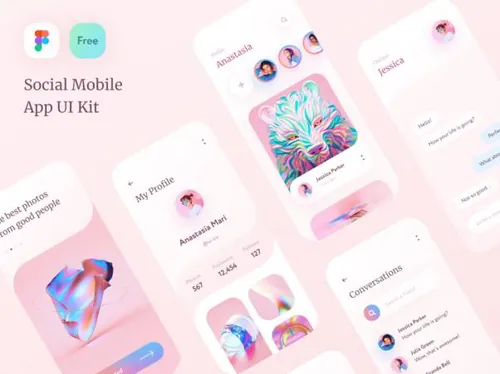 少女粉女性社交移动APP应用UI界面素材免费下载 Social Mob