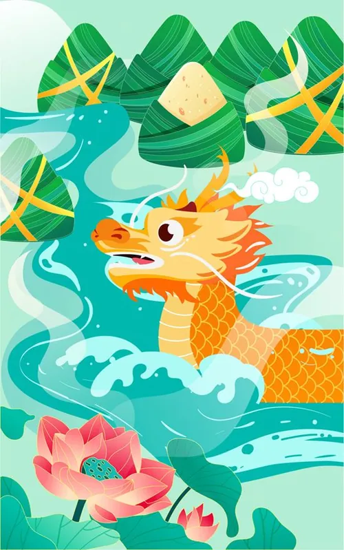 端午节龙舟粽子荷花莲花场景EPS矢量插画素材