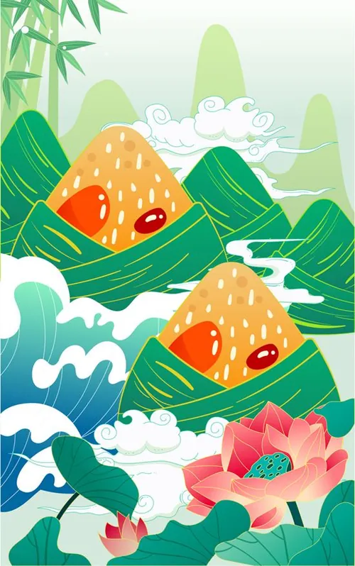 端午节粽子荷花祥云场景EPS矢量插画素材