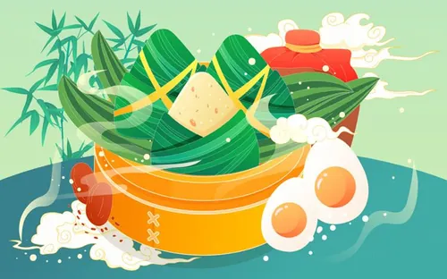 端午节粽子河流荷花金鱼莲花场景EPS矢量插画素材